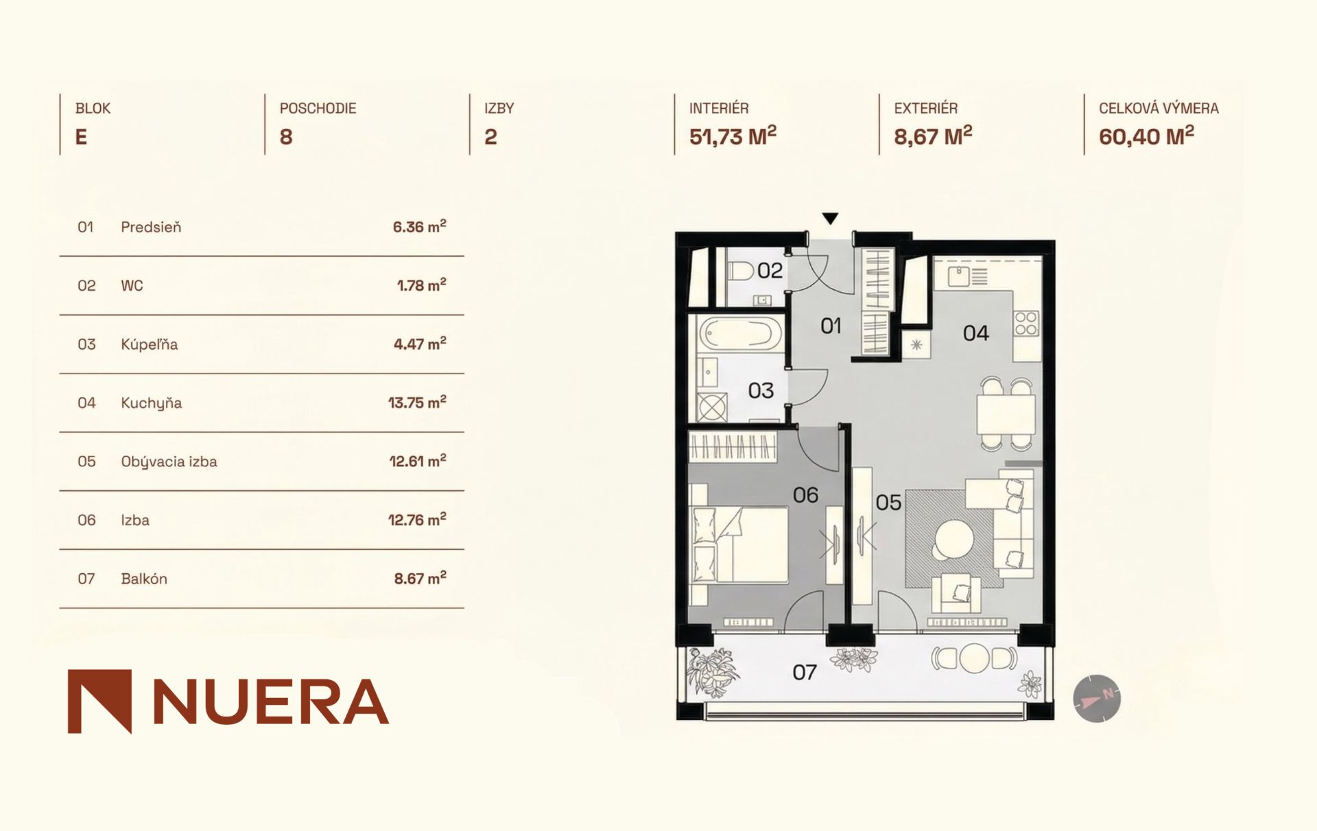 NUERA︱DOWNTOWN YARDS - 2i byt do vnútrobloku, 52m² + 9m² lodžia, 8np. 